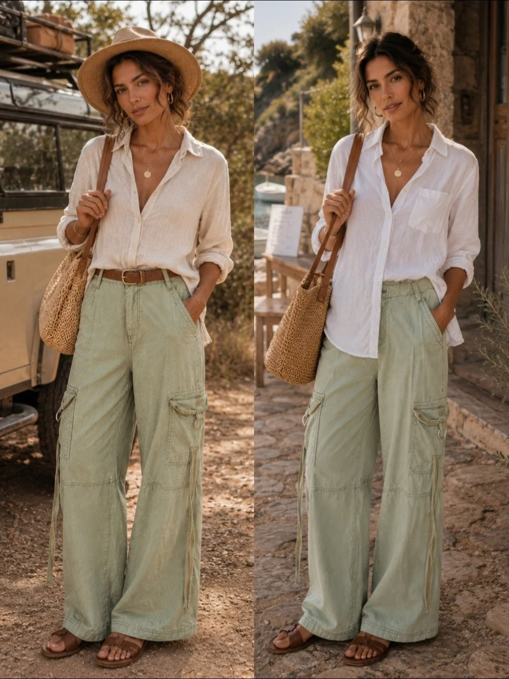 LOVE VEGAN Sage Green Wide Leg Cargo Pants Size 11/31 | Utility Boho Traveler - Picture 3 of 6